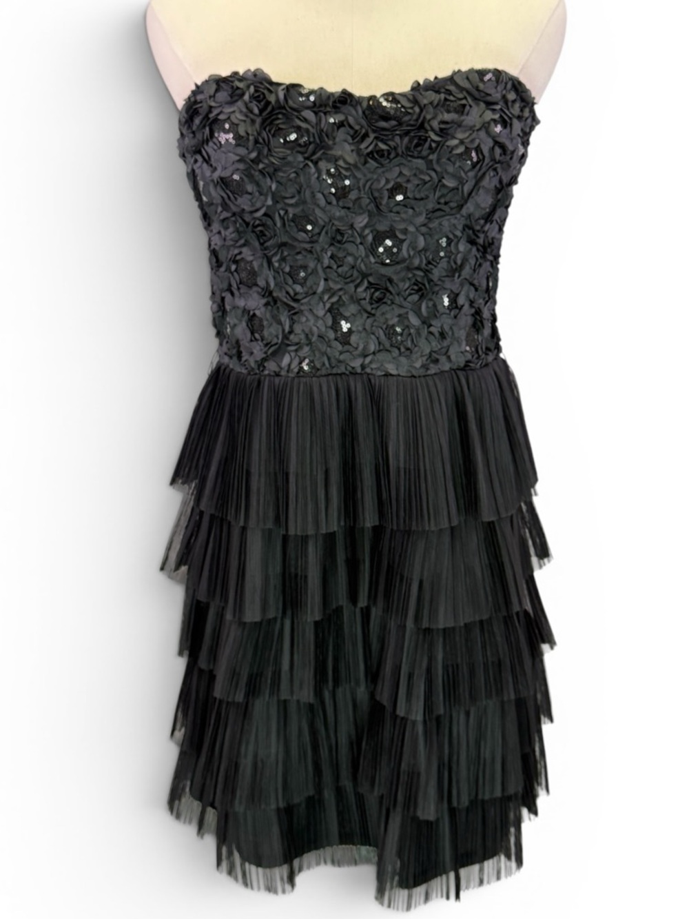 Asโ U Wish Black Strapless Rosette Sequin Bodice Tiered Tulle Mini Dress Size 13